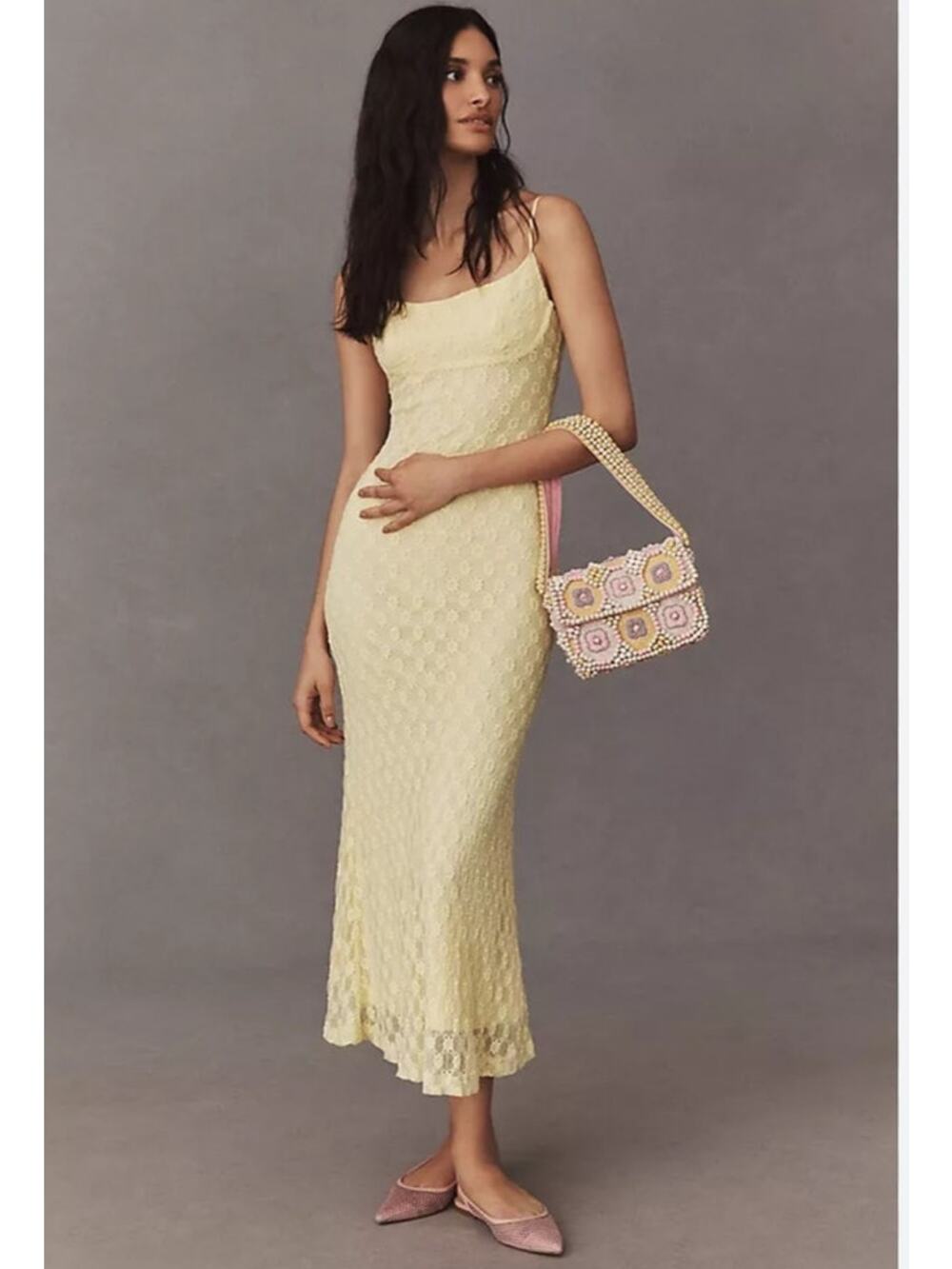 No Comment Yellow Mesh Lace‎ Trim Y2K Bodycon Midi Dress Size XL